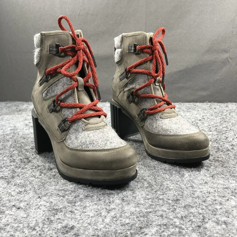 Sorel Blake Boots Womens 9 Gray Leather Felt Lace Up Ankle Block Heel NL3305-052